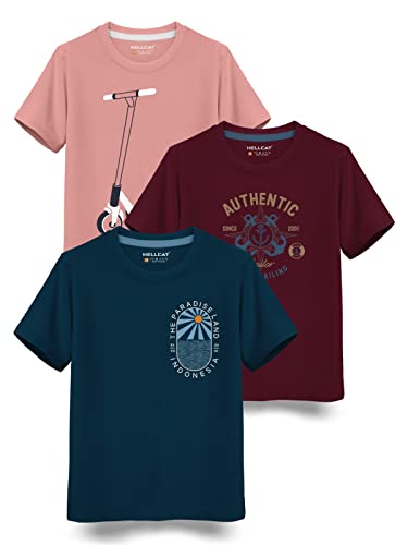 Image of HELLCAT Boys Round Neck Printed Blended Cotton Tshirt -Combo Pack of 2 - Orange /Blue