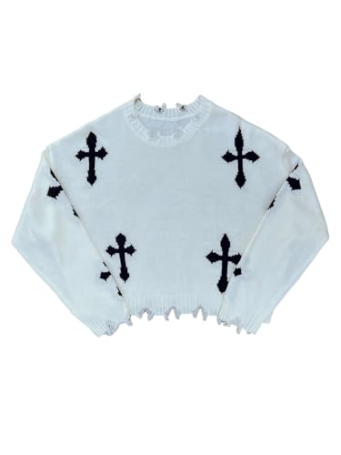 Men’s Cross Graphic Oversized Sweater Long Sleeve Raw Trim Crew Neck Knitted Pullover Top