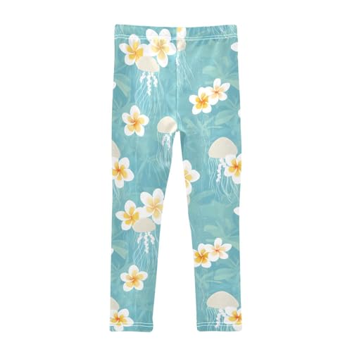 White Plumeria Jellyfish Floral Girls Leggings Ultra Soft Compression Yoga Gym Pants for Kids 4-10T2