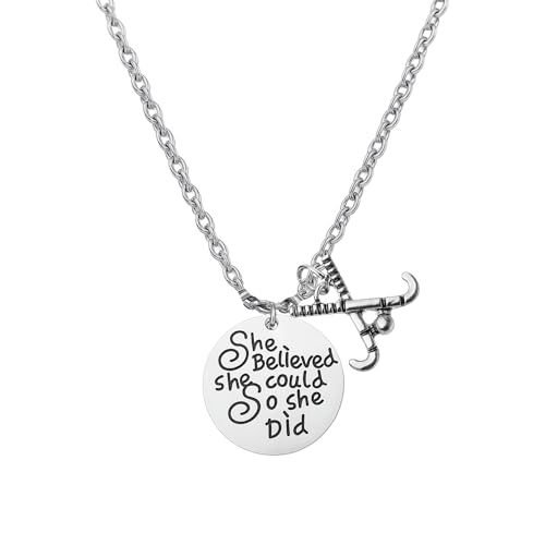 She Believed She Could So She Did Field Hockey Necklace • Engraved Stainless Steel Pendant with Stick Charm • Inspirational Jewelry Gift for Players, Coaches & Teams