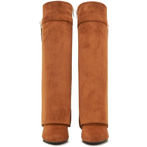 Image of Fold Over Boots for Women Pointy Pull-on Wedge Heel Knee Shark Boot With Side Zipper Padlock Design