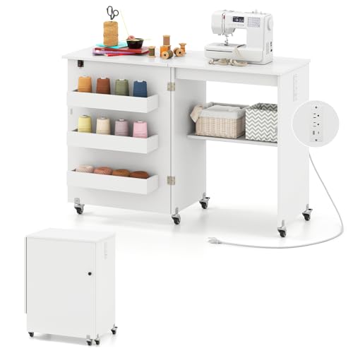 Giantex Folding Sewing Table with Charging Station, Rolling Craft Table with Storage Trays & Shelf, Foldable Sewing Machine Cabinet Desk with Lockable Wheels...