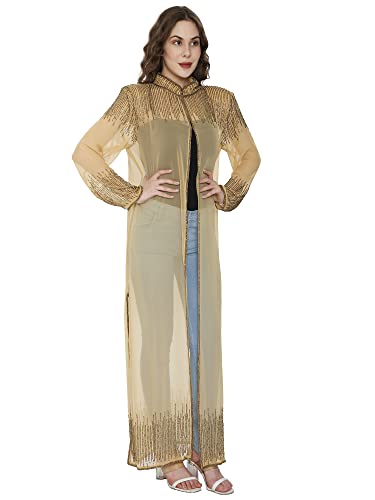 Image of Matelco Women Georgette Floor Length Hand Embroidered Embellished Longline Front Open Shrug Dress