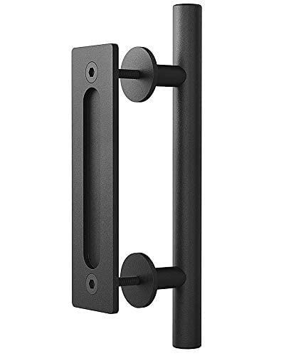 Haritoft (All-New) 12" Sliding Barn Door Handle Pull And Flush Hardware Set, Flat Back-Plate Design, Rustic Black #TOP1