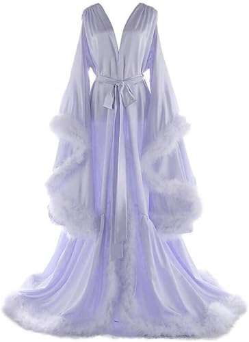 Daily Life Mall Women's Feather Bridal Robes Old Hollywood Maternity Photoshoot Cover Up Nightgown Silk Bathrobe Light Lilac Long Lingerie
