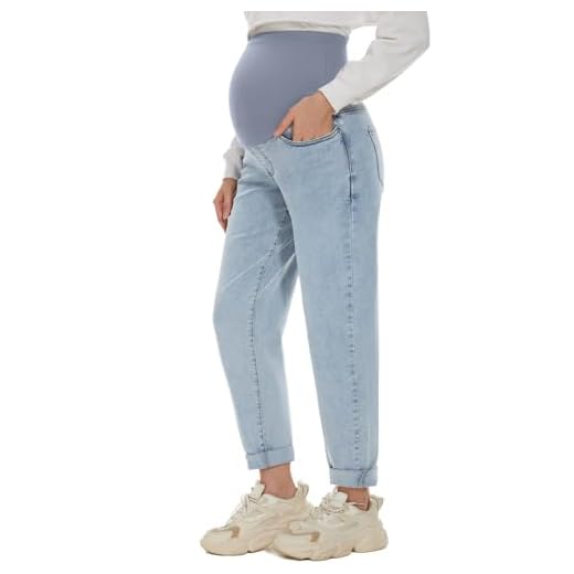 POSHGLAM Women's Maternity Boyfriend Jeans Over Belly Stretch Comfy Loose Casual Denim Pants with Pockets(Light Blue, X-Large)