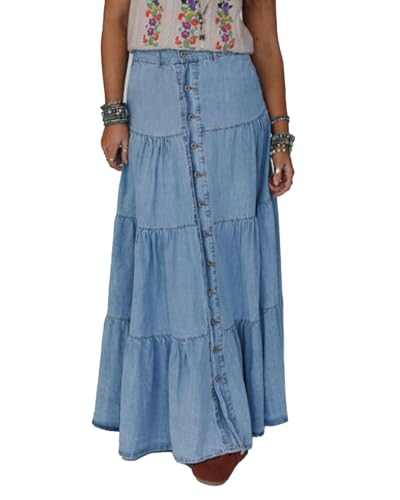 SCOFEEL Women's High Waist Denim Long Skirt Button Down Pleated A-Line Flowy Loose Ruffle Tiered Maxi Skirts