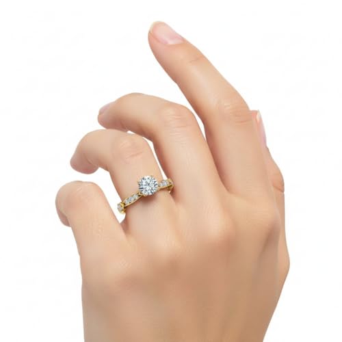 Image of Choose Your Gemstone Petite Pave Diamond CZ Engagement Ring Yellow Gold Plated Round Shape Petite Engagement Rings Minimal Modern Design Birthday Gift Wedding Gift US Size 4 to 12
