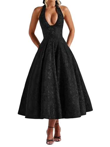 SANSIWU Damenkleid mit Blumenmuster, Jacquard, Neckholder, elegant, tiefer Schnitt, ärmellos, A-Linie, langes Kleid, formelle Abendkleid, Party,...