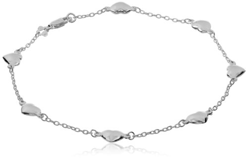 Amazon Collection Sterling Silver Anklet with Puffy Heart Stations, 10"
