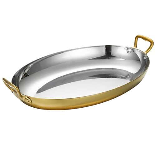 Partita de paella ovalada de 4 tamaños, acero inoxidable, sartén española, no estilón de cocina de paella con mango dual para casas o restaurantes, 30 cm, sautefrypan de plata/oro/30 cm