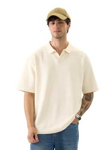 Image of The Souled Store Solids: Pastel Blue Men and Boys Short Sleeves Collared Neck Textured Cotton Blend Oversized Polos