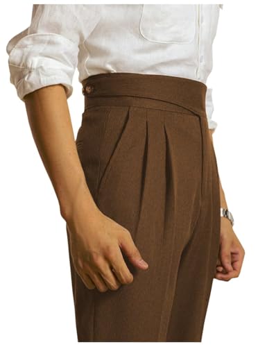 Ceehuteey Men's High Waisted Corduroy Pleated Front Dress Pants Business Trousers (Brown, 30W x 30L)