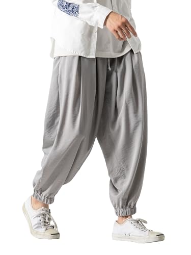 Men's Casual Linen Pants Elastic Waist with Belt Beach Summer Lightweight Linen Trousers
