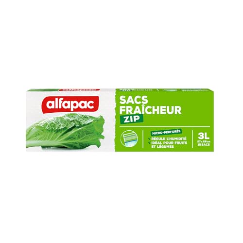 Alfapac SF 1 Frischhaltebeutel, 15 Stück je Packung, 3 Packungen, mikroperforiert, 27 x 28 cm, wiederverwendbar, Reißverschluss, Durchsichtig, Polyethylen (PE), rechteckig