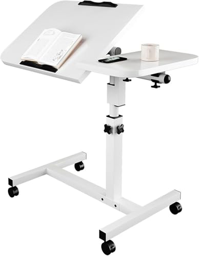 CENXI Mobile Overbed Bedside Table with Wheels Simple Cot Side Table with Tilting Desktops Height Adjustable Hospital Bed Table Mobile Standing Desk for Laptop Bed Sofa Side Table (White)