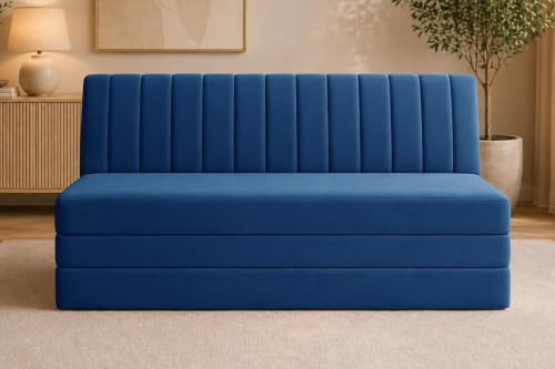 Image of Modern Velvet 3-Seater Sofa Cum Bed Convertible Sleeper Couch Sofa for Living Room Bedroom & Office- Blue Color