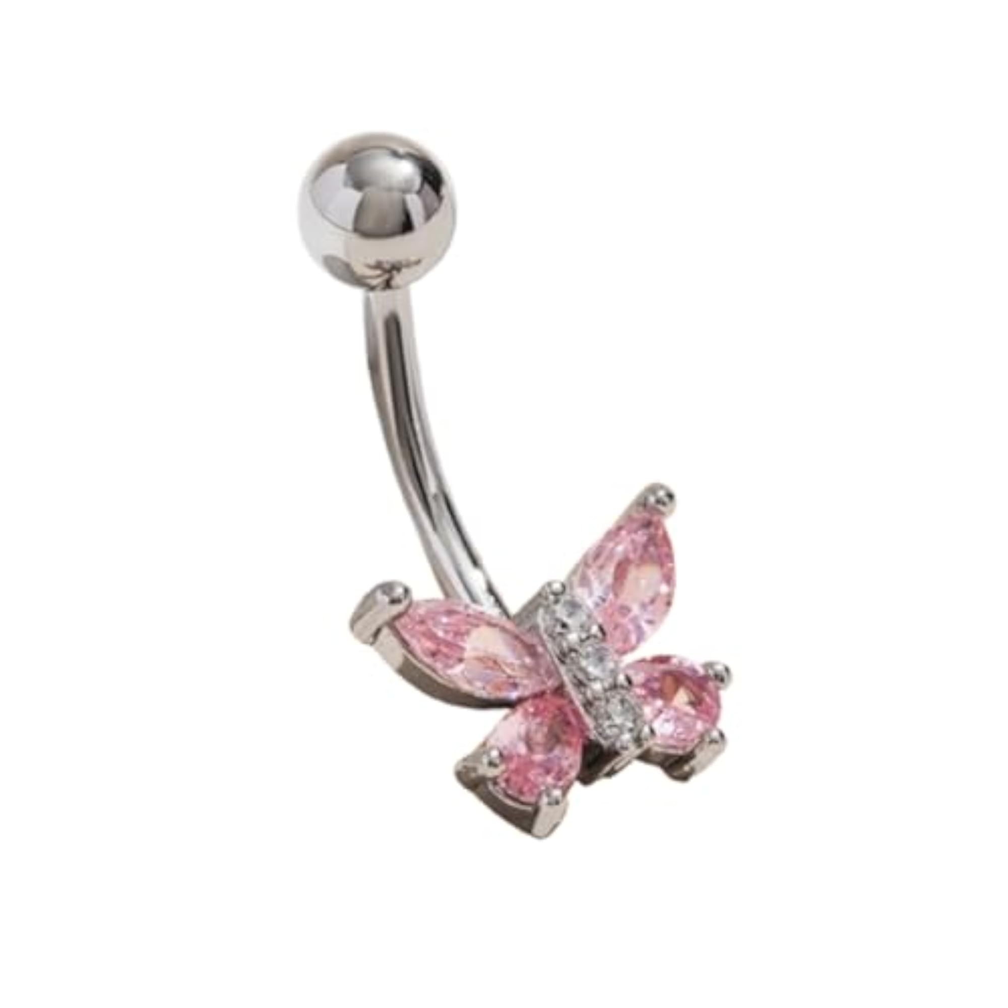 Butterfly Pink Dangle Belly Button Ring with Diamonds