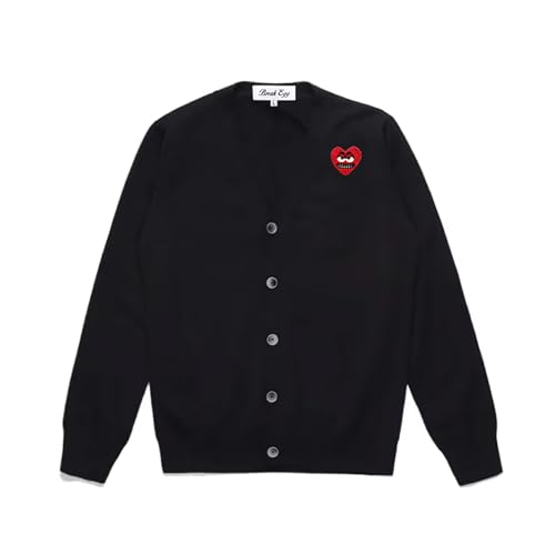 Men Cardigan V-Neck Red Snag Eyes Heart Embroidery Cotton with Button Solid Casual Fit Open Front Sweater