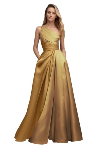 Dream Wedding Teen's One Shoulder Prom Dress 2026 Ruched Satin Formal Evening Gown with Pockets Floor Length Elegant Ball Gown Gold Brighter 12 DR0922