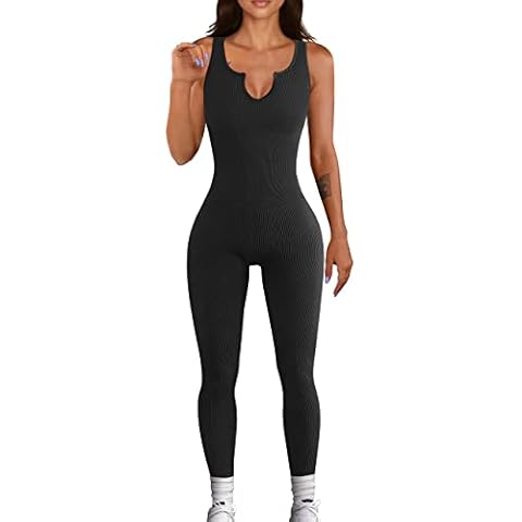 memoriesofu Women's Bodycon Long Sleeve/Sleeveless Ribbed Square Neck Jumpsuit Onesies Stretch Silm Fit Yoga Bodysuit Rompers(C-Black) Cover