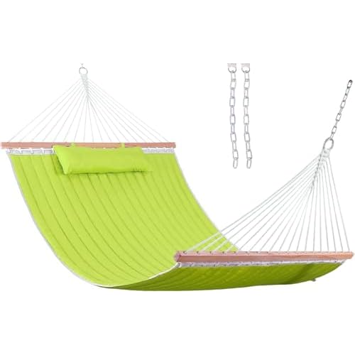 Lazy Daze Hammocks 12 FT Double Quilted Fabric Hammock with Spreader Bar and Detachable Pillow, Two Person Hammocks, 450lbs Weight Capacity (Light Green) Lemon Green
