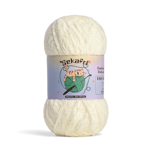 Image of Fuzzy Chenille Yarn for Crocheting,Fluffy Amigurumi Crochet Yarn for DIY Craft /Hat /Shoes,(100 g /197 yds) Soft Velvet Baby Blanket Yarns(White)