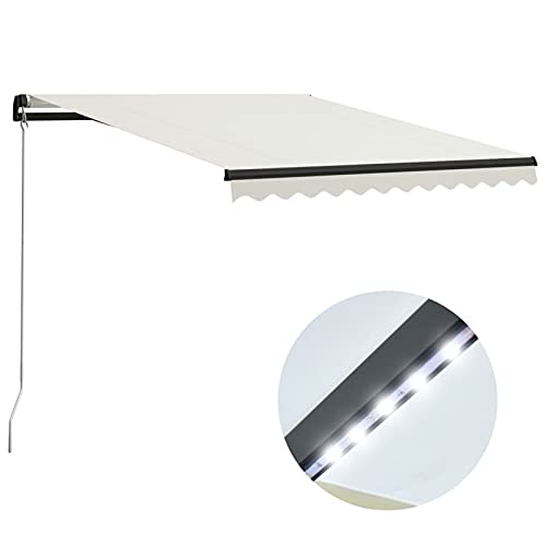 Homgoday Toldo retráctil, manual, para exterior, toldos para balcón, toldo con brazos extensibles, toldos con LED, 300 x 250 cm crema