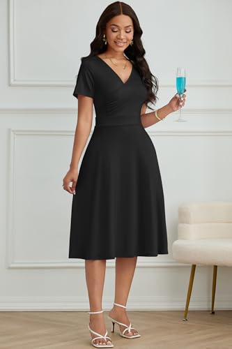 Image of Nmoder Casual Wrap Midi Dresses for Women Wedding Guest Cocktail Tea A-Line Swing Dresses V Neck Short Sleeve with Pockets Black L