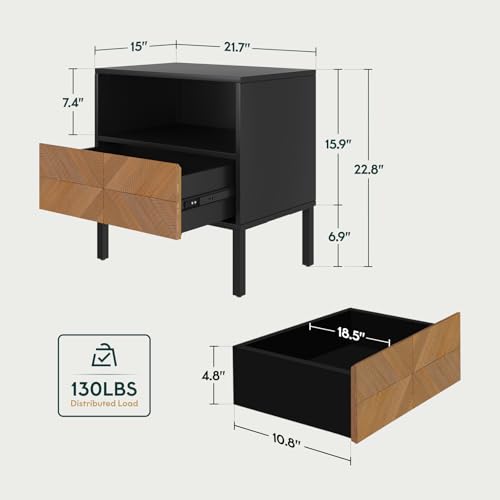 Image of Bme Vivian Solid Wood Nightstand, End Table, Bedside Table with Herringbone Pattern for Rustic Bedroom, Easy Assembly, Rustic Seadrift and Black