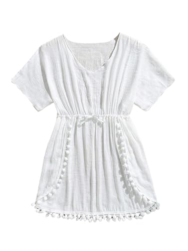 SOLY HUX Girl's Short Sleeve Swimsuit Coverups Fringe Trim Swim Cover Up Beach Dress Beachwear