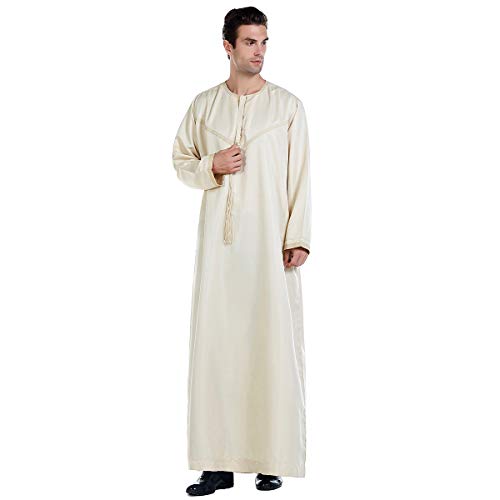 XINNI Men Arabic Long Sleeve Embroidery Thobe Crew Collar Kaftan Robe with Braid Tassel2