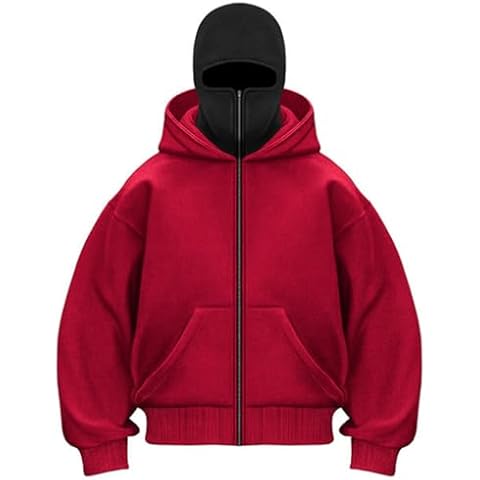 EUDOLAH Balaclava Jacket Zip Up Fashion Double Layer Hoodie Hip Hop Outerwear Jacket Y2K Clothing for Men and Women(L,Red) Cover