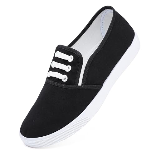 Image of Womens White Canvas Sneakers Lightweight Lace Up Fashion Comfortable Canvas Shoes Low Top Slip On Casual Tennis Walking Shoes Women Footwear
