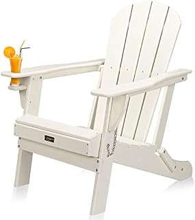 VINGLI Folding HDPE Adirondack Chair with Cup Holder Plastic Patio Lounger Armchair Lawn Chairs Furniture Deck, Balcony, Garden, Campfire Chairs (White)