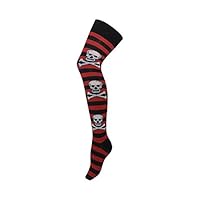 M MACAHEL Cotton Rich Kids & Girls Striped Comfy Knitted Spooky Halloween Over the Knee Socks with Skull and Crossbones ideal for Halloween and Gothic Events
