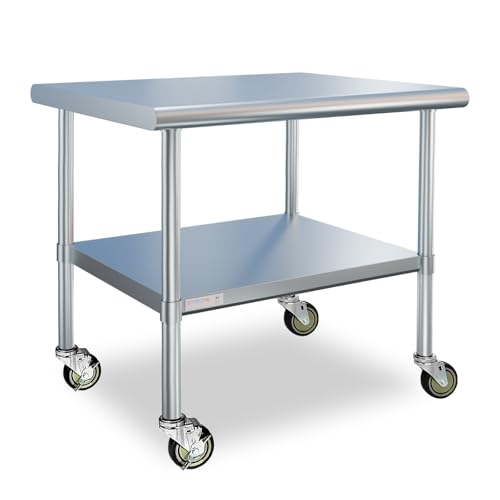 Image of STABLEINK NSF Stainless Steel Prep Table 36x30 with Wheels, Metal Work Table with Adjustable Undershelf, for Commercial Kitchen, Restaurant, Hotel, Laundry and Garage