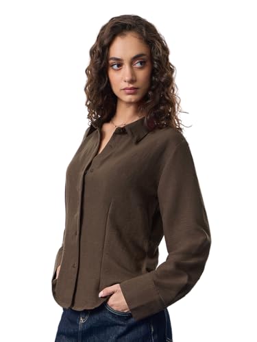 Col long marron foncé pour femmes, haut uni ajusté et infroissable en polyester léger
