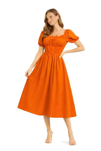 Image of BOOSTY Women's Puff Sleeve Smocked Midi Dress, Square Neck A-Line Dress