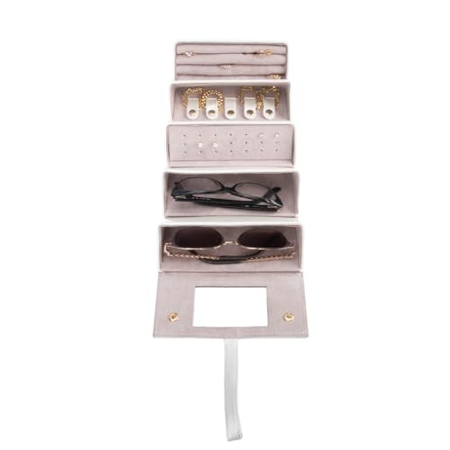 Image of Brouk & Co Leah 5 Eyewear & Jewelry Case - Pebbled Vegan Leather, Foldable Case, Snap Closure, Hanging Loop, Interior Mirror, 5 Compartments: Sunglasses and Jewelry (Pearl White)