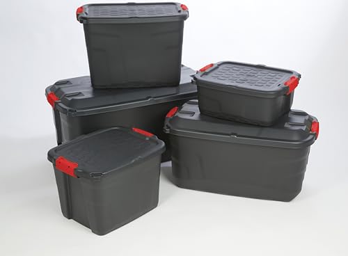 Heavy Duty Large Storage Box with Lid, 190L, Lockable, Indoor/Outdoor. Black Box with Red Handles, Wheels – Image 6