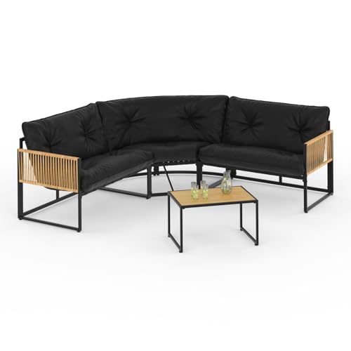 IDMarket - Salon de Jardin Bas Rio 6 Places Salon d'angle Structure métal et Cordage Effet rotin avec Coussin Noir