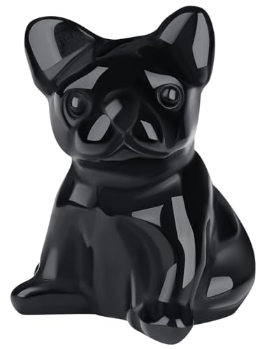 QINJIEJIE Black Obsidian French Bulldog Crystals Figurine Dog Statue Natural Carved Stone Sculpture Frenchie Gemstones Decor Gift for Men Women