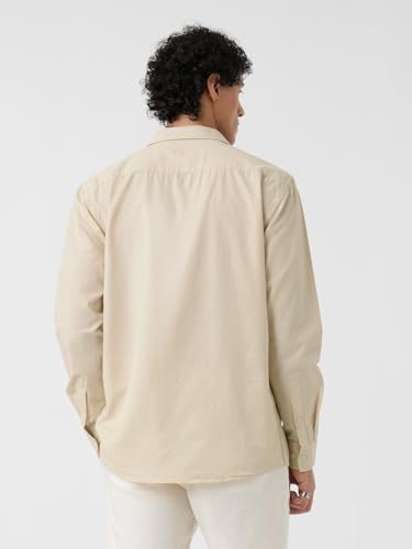 Image of The Souled Store Solid Linen: Beige Color Men and Boys Regular Outdoor Fit Full Sleeve Collared Neck Spread Collar Casual Wear Stylish Comfortable Premium Elegant Cotton Shirts