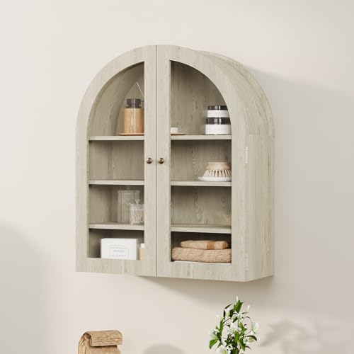 GarveeHome Small Arched Wall Cabinet with Acrylic Doors & Adjustable Shelves, Modern Natural Wood Wall-Mounted Storage Cabinet for Kitchen, Bathroom, Laundry Room, Compact & Space-Saving- Gray
