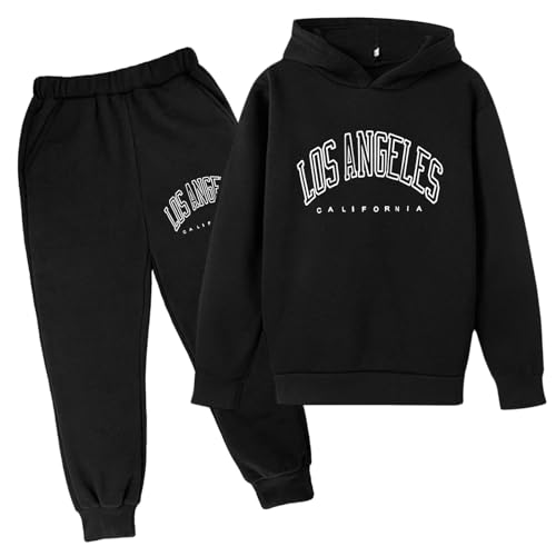 Chándal Niños 2 Piezas Set Sudadera con Capucha y Pantalones Deportivo Jogging Conjunto Ropa 3-14 años (01 Negro, 11-12 años)