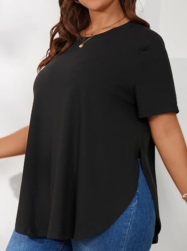 Hilinker Women's Plus Size Short Sleeve Tunic Tops Loose Fit Dressy Side Slit Tees Asymmetrical Hem T Shirts3