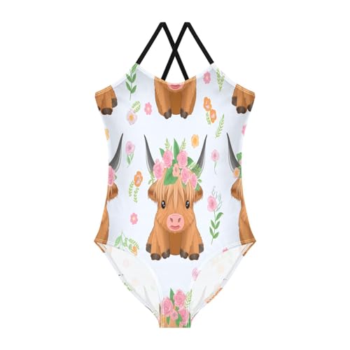 Girl Bathing Suits 3-10 Y Beach Swim Suits Kids, Cute Highland Cow Flowers Mauve