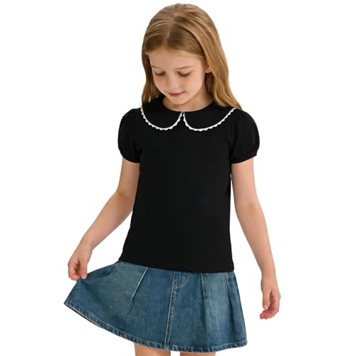 Image of 12M-14Y Toddler Baby Girls Peter Pan Collar Blouse Kids Girl Solid Color Puff Sleeve T-Shirts Casual Tee Tops