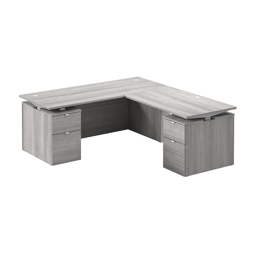 Image of Bush Business Furniture 72-inch Height Adjustable L Shaped Standing Desk with Drawers, Ergonomic Sit-Stand Computer Table for Office, Stratus Collection, Platinum Gray with Metallic Gray Base